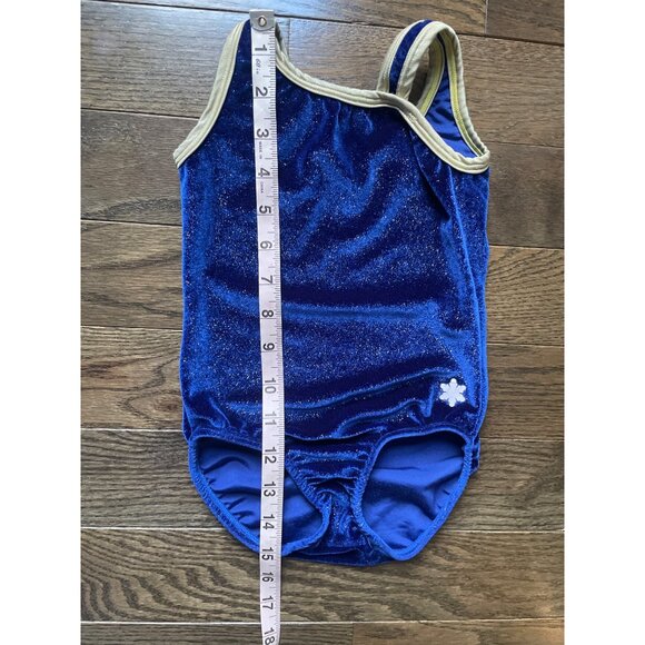 Snowflake Designs Girls Sparkly Blue Velvet Leotard Small With Gold Trim - Picture 5 of 7
